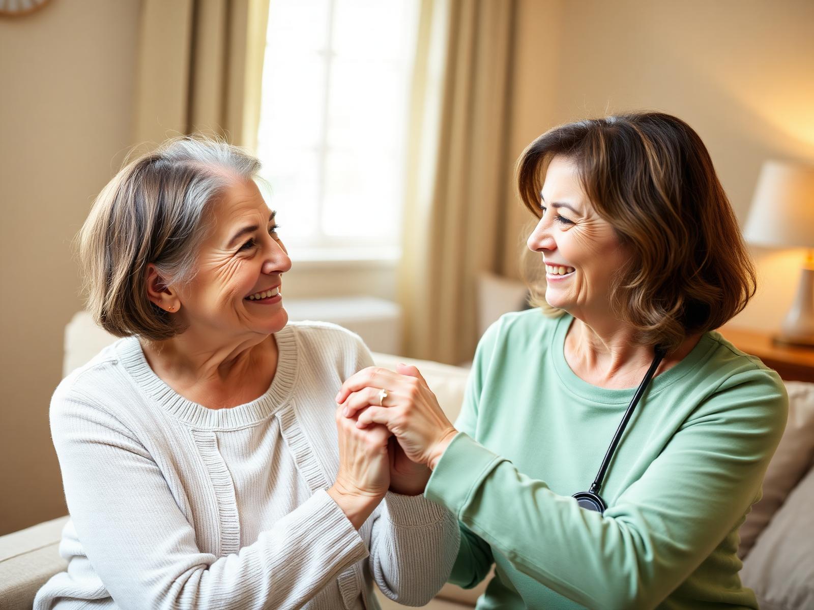 Caregiver gently holding the hand of an elderly woman in a sunlit home
